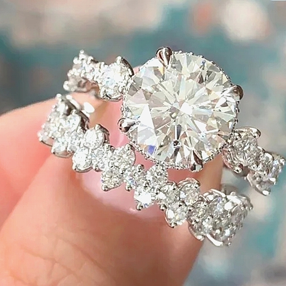 Silver Bridal Ring Set w Round and Princess Cut 2Ct Ring